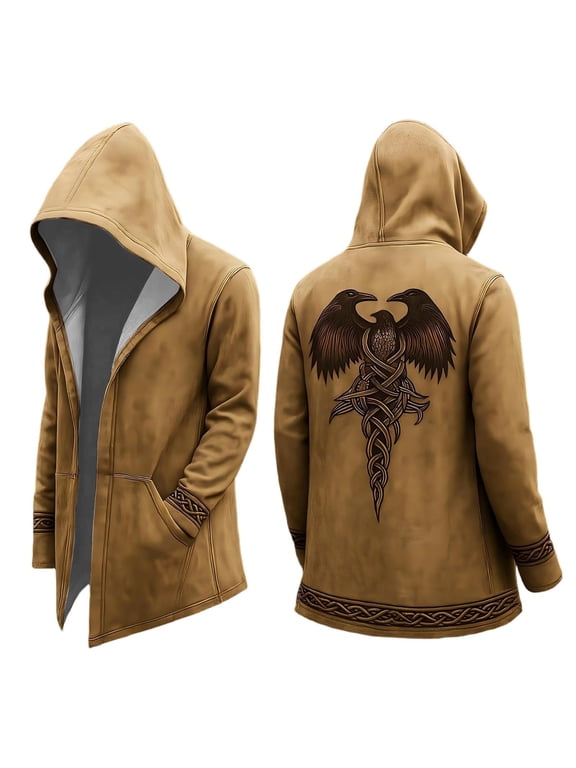 Long Hallowen Hooded Cardigan Ruffle Shawl Collar Open Front Lightweight Drape Cape Overcoat with Pockets Halloween Gifts , XL, Khaki