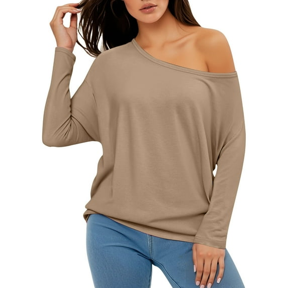 YAYUBA Long Sleeve Shirts for Women Off The Shoulder Tops Oversized Tshirts Long Sleeve 2025 Casual Basic Tees,Coffee,XL