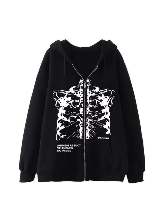Men Halloween Y2K Skeleton Zip Up Hoodie Gothic Oversized Jacket Vintage Graphic Baggy Outerwear Streetwear Halloween Gifts , L, Black2