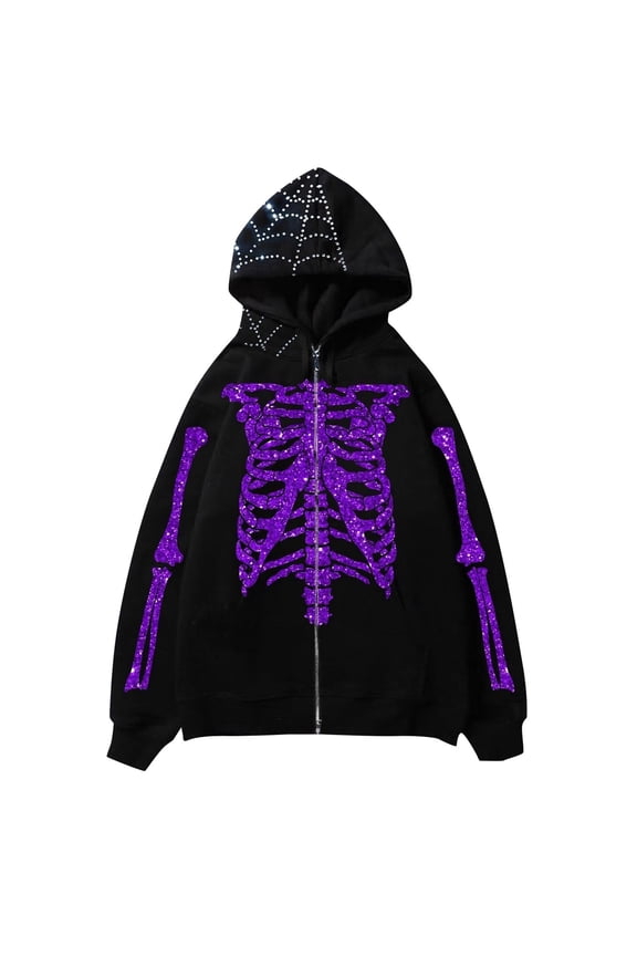Men's Anatomical Bone Print Hoodie Halloween Gothic Retro Skeleton Print Hooded Streetwear Y2K Zip-up Sweatshirt Jacket with Pocket Size M