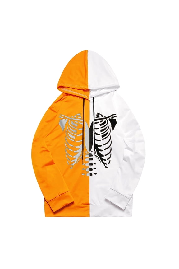 Men's Anatomical Bone Print Hoodie Halloween Gothic Retro Skeleton Print Hooded Streetwear Y2K Zip-up Sweatshirt Jacket with Pocket Size XL