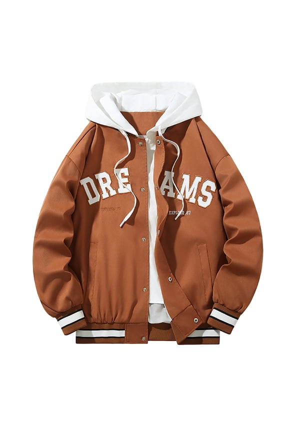 Men's Bomber Jacket Color Block Letter Graphic Long Sleeve Hooded Baseball Varsity Jacket Coat,Khaki,L