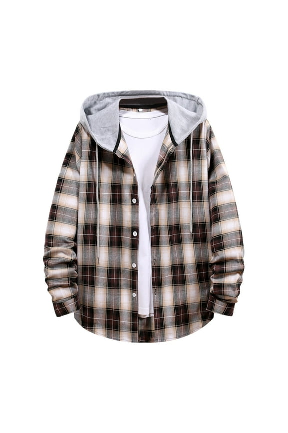 Men's Flannel Jacket with Hood Quilted Lined Plaid Shirts Jacket Cotton Long Sleeve Button Down Shirt Shacket