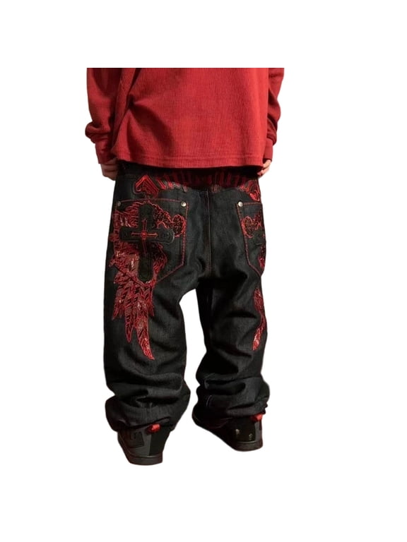 Men's -hop Retro Skull Embroidered Washed Denim Pants Y2K Jeans Halloween Gothic Straight Tube Loose Wide Leg Pants Halloween Gifts, Black,XXL