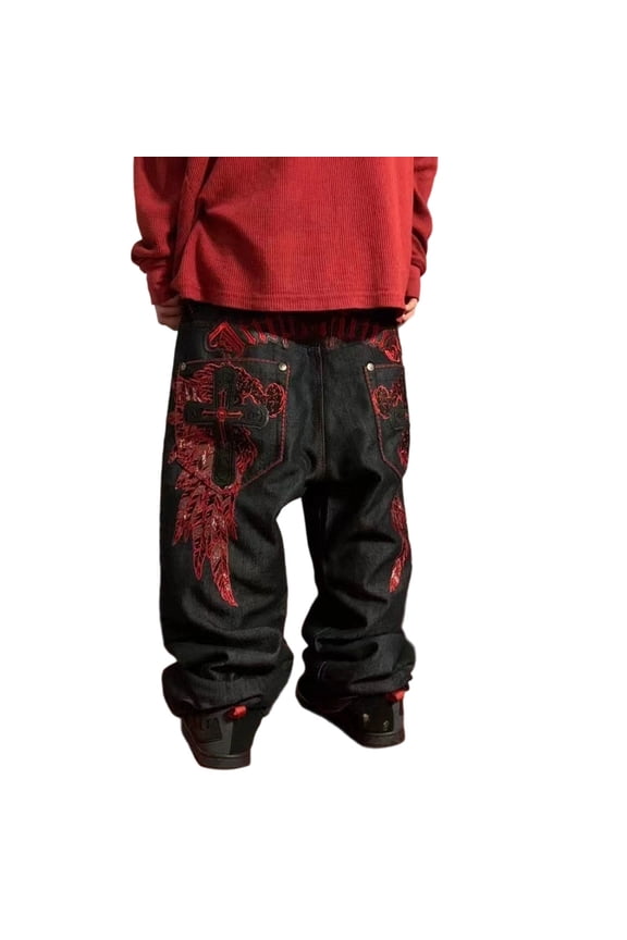 Men's -hop Retro Skull Embroidered Washed Denim Pants Y2K Jeans Halloween Gothic Straight Tube Loose Wide Leg Pants Halloween Gifts, Black,XXL