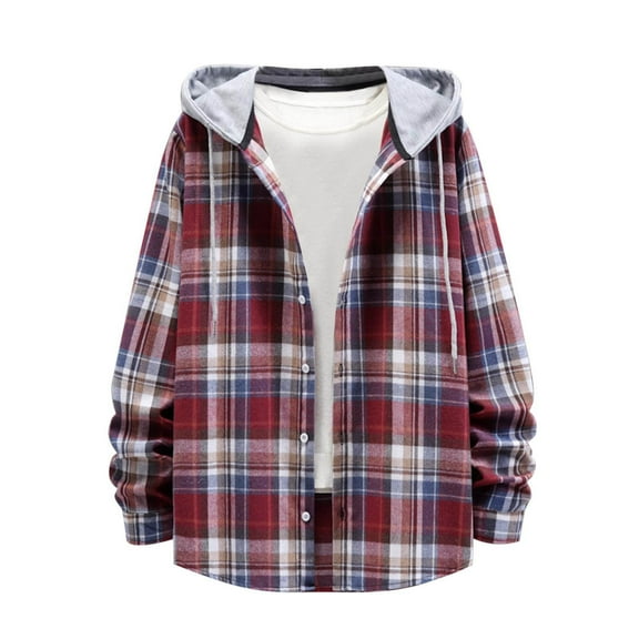 YAYUBA Men's Hooded Flannel Shirt Jacket - Soft Brushed Plaid, Lightweight Long Sleeve Button Down for Work Fall Layering