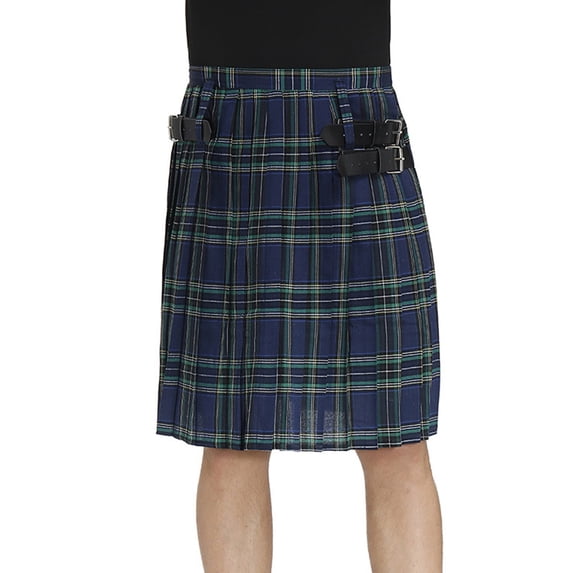 YAYUBA Men's Kilt for Men Retro Scottish Style Plaid Contrast Waistband Pleated Skirt, Blue