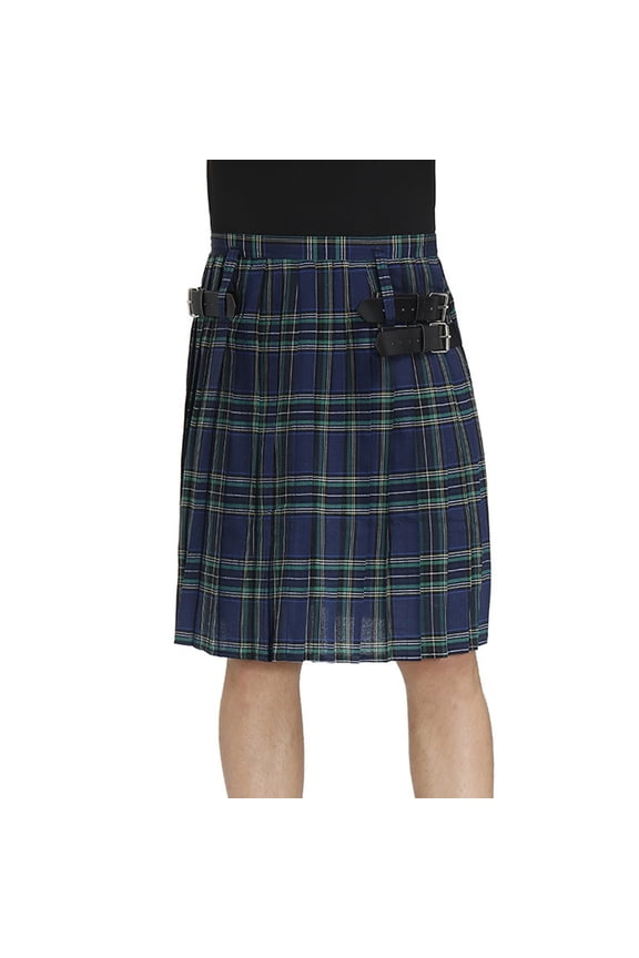 Men's Kilt for Men Retro Scottish Style Plaid Contrast Waistband Pleated Skirt, Blue