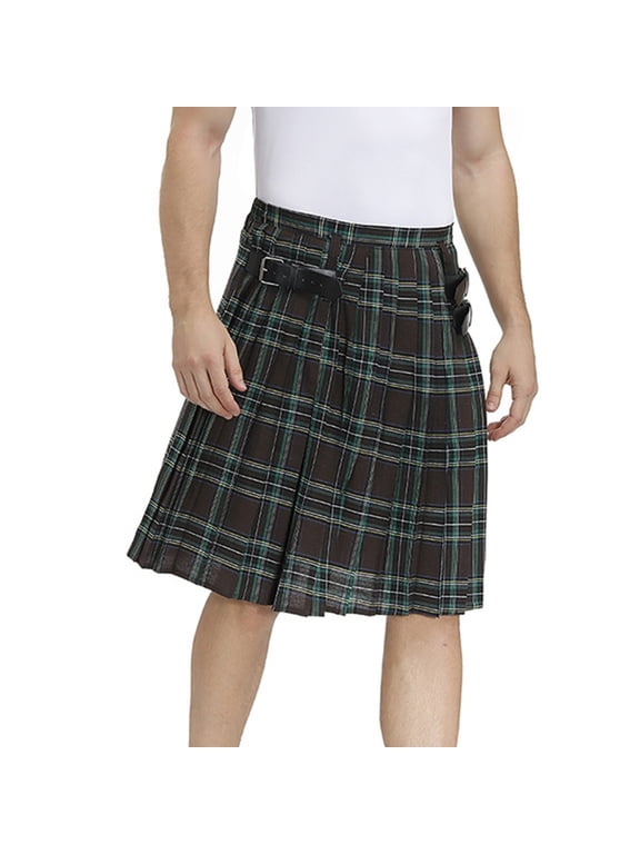 Men's Kilt for Men Retro Scottish Style Plaid Contrast Waistband Pleated Skirt, Brown