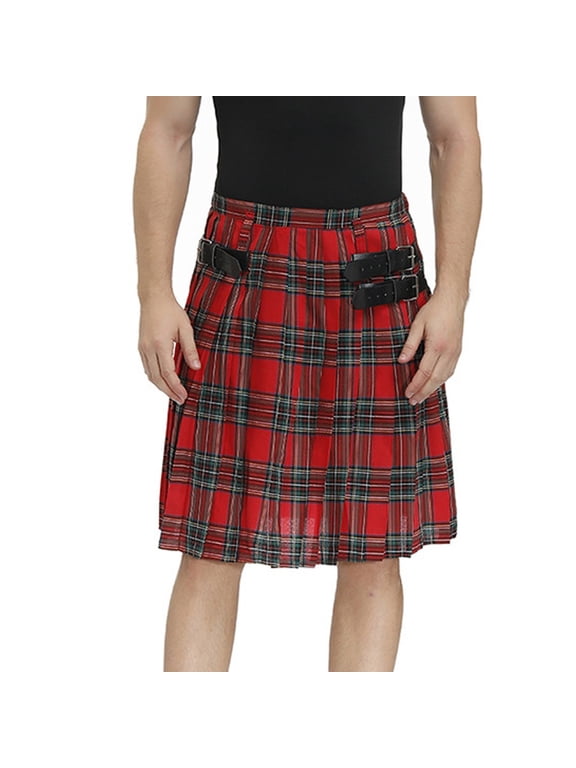 Men's Kilt for Men Retro Scottish Style Plaid Contrast Waistband Pleated Skirt, Red