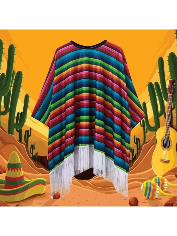 Men's Mexican Poncho Colorful Serape Striped Shawl with Fringe and Ethnic Bohemian Cape for Festivals & Beach Trendy Spring Summer Fall Outfits Size One Size, Red