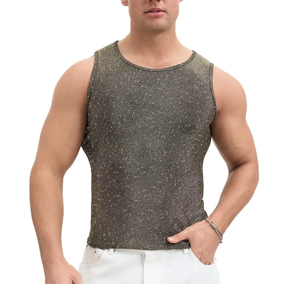 YAYUBA Men's Sequin Sleeveless Tank Top Sparkly Rave Metallic T-Shirt, Army Green, L