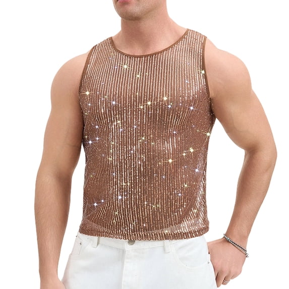 YAYUBA Men's Striped Sequin Tank Top for Rave, Sparkly Metallic Reflective Mesh Shirts, Coffee, L