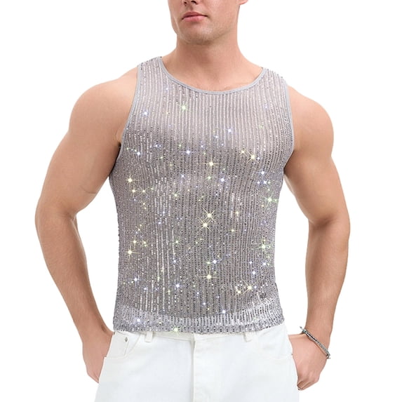 YAYUBA Men's Striped Sequin Tank Top for Rave, Sparkly Metallic Reflective Mesh Shirts, Silver, XXL
