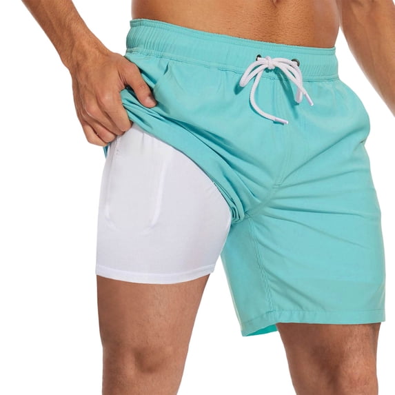 YAYUBA Men's Swim Trunks 7 Inch Quick Dry Drawstring Mens Swimsuit with Compression Liner Light Upf Beach Men Swim Brief,S,Mint Green-1