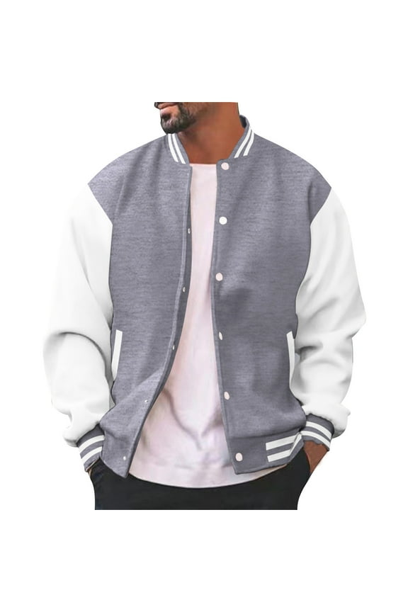 Men's Varsity Baseball Jacket Casual Letterman Bomber Jacket Windbreaker Lightweight Jacket,Grey,S