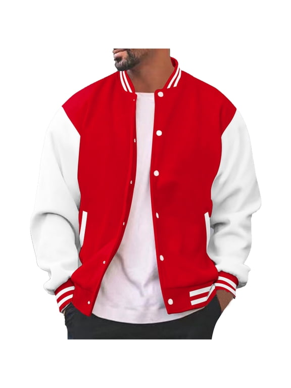 Men's Varsity Baseball Jacket Casual Letterman Bomber Jacket Windbreaker Lightweight Jacket,Red,M