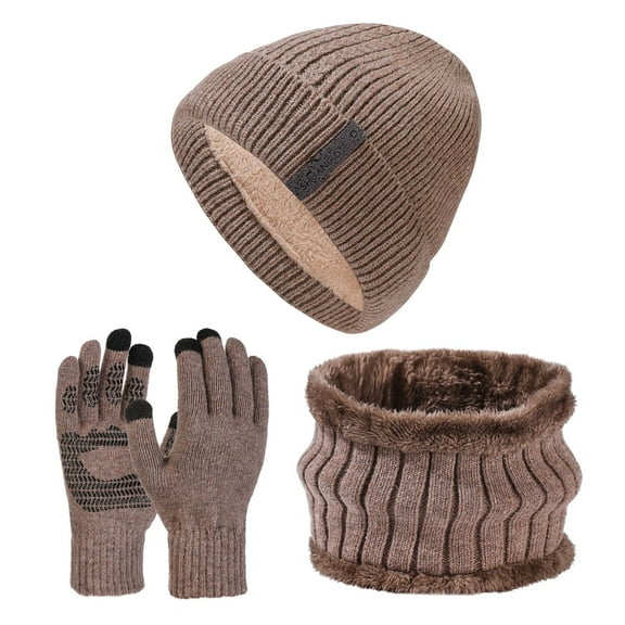 YAYUBA Mens Gloves,Winter Warm Knit Woolen Hat Scarf Gloves Three Piece Set for Men and Women Cold Weather Accessories,Khaki