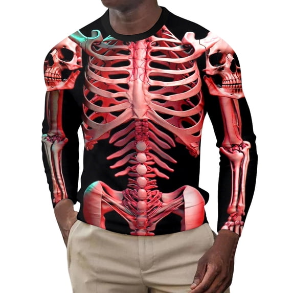 YAYUBA Mens Halloween 3D Skeleton FunnyT-Shirt Unisex Long Sleeve Tee Shirt Halloween Gifts , XL, Red