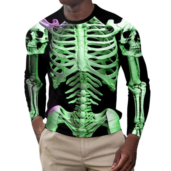 YAYUBA Mens Halloween 3D Skeleton FunnyT-Shirt Unisex Long Sleeve Tee Shirt Halloween Gifts , XXXL, Green