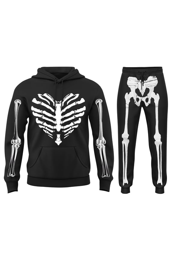 Mens Halloween Skeleton Hoodies Tracksuit Funny Hooded Sweatshirt & Drawstring Jogger Pants Halloween Matching Outfit Set with Pocket Halloween Gifts , L, Black