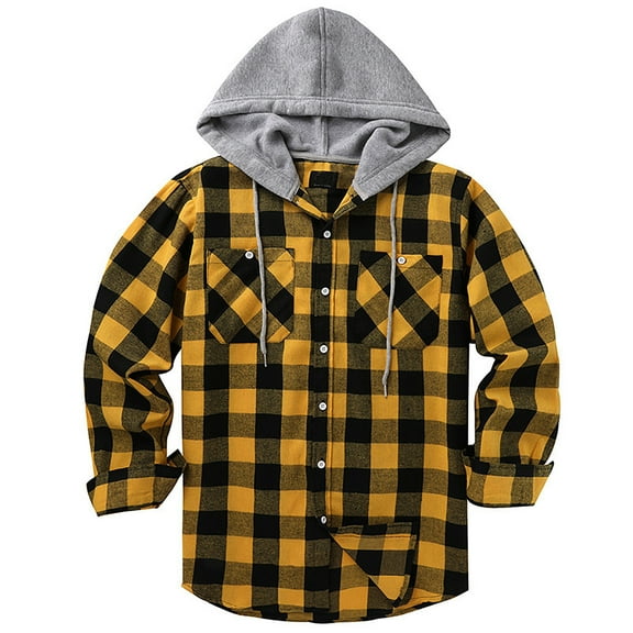 YAYUBA Mens Plaid Flannel Hoodie Shirt Casual Button Down Jacket Shirts Stylish Long Sleeve Shirts with Pocket