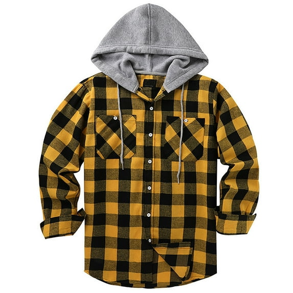 YAYUBA Mens Plaid Flannel Hoodie Shirt Casual Button Down Jacket Shirts Stylish Long Sleeve Shirts with Pocket