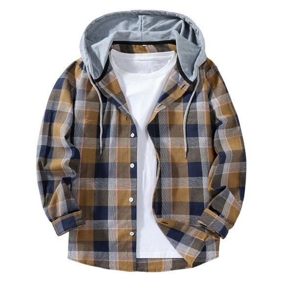 YAYUBA Mens Plaid Flannel Hoodie Shirt Casual Button Down Jacket Shirts Stylish Long Sleeve Shirts with Pocket