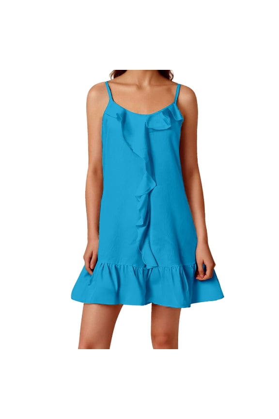 Midi Dresses for Women Summer Casual Ruffle Beach Skirt Sleeveless Hoodie With Adjustable Shoulder Straps Vacation Solid Color Casual Skirt S XXL A Line Flowy Dresses