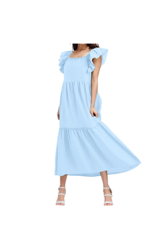 Midi Dresses for Women Spring Square Dress Off Shoulder Style Elegant Ruffle Hemline Skirt Mini Dresses Beach Maxi Dress