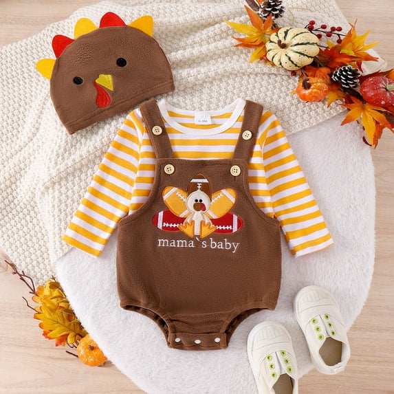 YAYUBA My First Thanksgiving Baby Boy Outfit Boys And Girls Thanksgiving Striped Top Cartoon Embroidered Strap Pants Hat Set