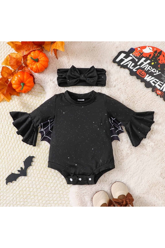 Newborn Baby Boys Girls Halloween Outfit Bat Romper Bodysuit Jumpsuit Clothes With Headband Halloween Gifts, Black, 6-9 Months