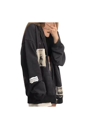 Oversized Zip Up Hoodie Women Y2k Aesthetic Skeleton Sweatshirts Grunge Gothic Jacket Streetwear Emo Clothes Size XL/3, Grey