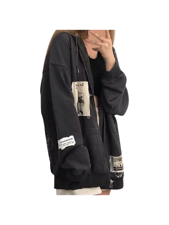 Oversized Zip Up Hoodie Women Y2k Aesthetic Skeleton Sweatshirts Grunge Gothic Jacket Streetwear Emo Clothes Size XL/3, Grey