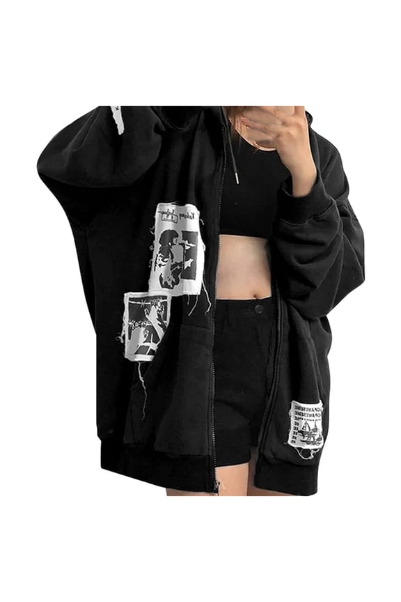 Oversized Zip Up Hoodie Women Y2k Aesthetic Skeleton Sweatshirts Grunge Gothic Jacket Streetwear Emo Clothes Size XL/4, Black