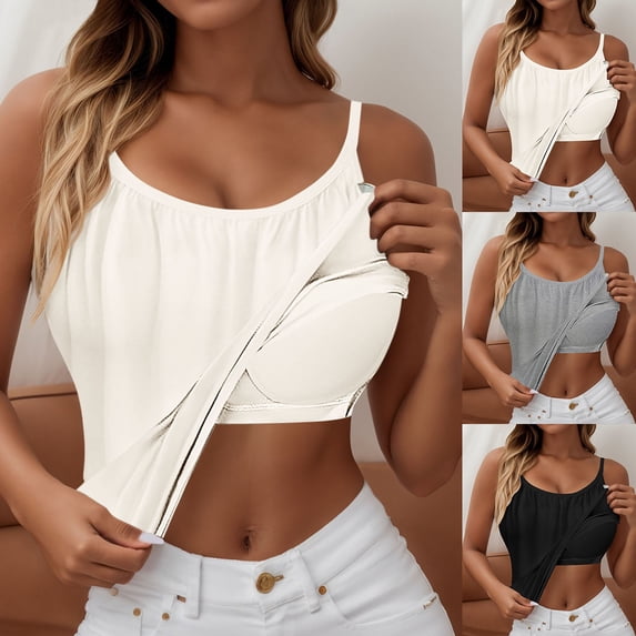 YAYUBA Padded Tops for Women Women's Solid Camisole Tops With Built In Bra Neck Vest Padded Plus Size Tank Tops Racerback Ribbed Fitted Tank Tops