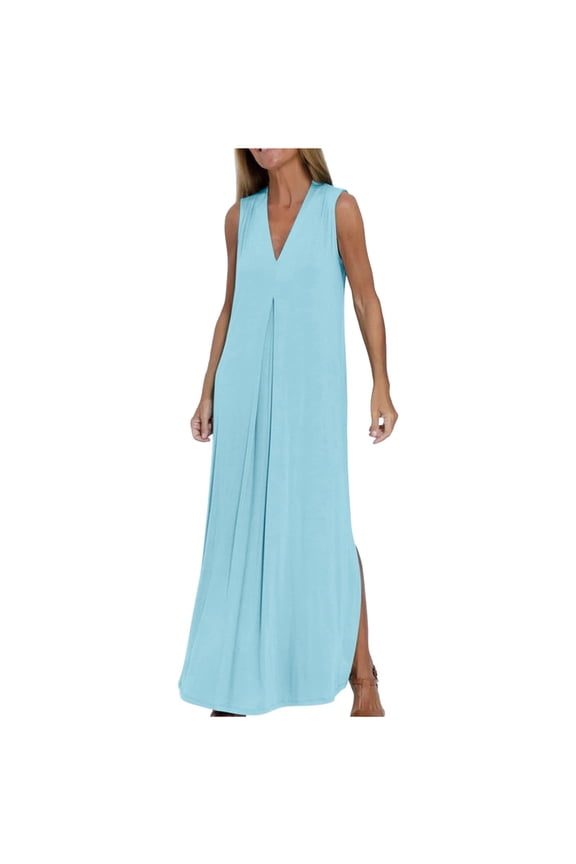 Peplum Tops for Women Summer Dresses Sleeveless V Neck Maxi Dresses Solid Color Boho Long Dresses Floral Travel Summer Dress