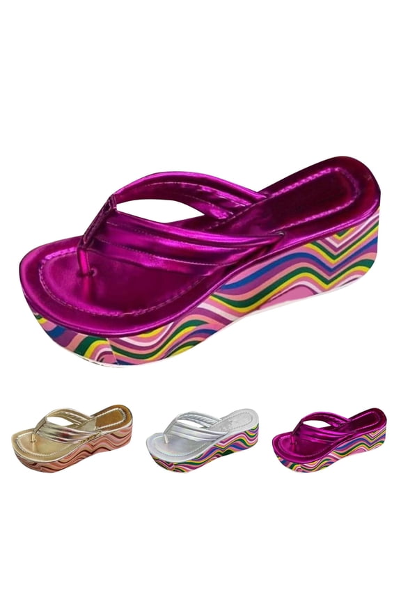 Platform Sandals Silver,Popular New Large Color Thick Bottom Herringbone Slippers Slope Heels Beach Sandals Female
