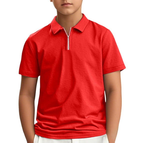 YAYUBA Polo Shirts for Toddler Boys Quarter Zip Vintage Striped Short Sleeve Athletic T-Shirts Quick Dry Holiday Shirts Tees Shirts for Youth Boys Girls, 9-10 Years , Red