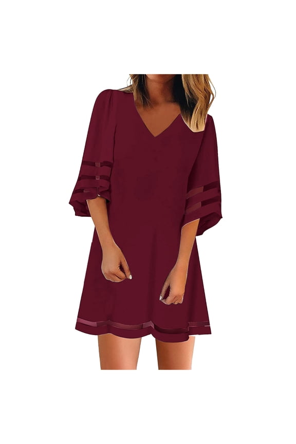 Resort Wear for Women 2026 Women Casual Summer Dress V Neck Soild Color Three Quarter Sleeve Patchwork Beach Dress Sundress Beach Vacation Clothes for Women