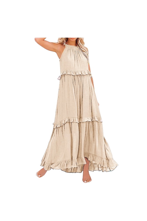 Resort Wear for Women Long Summer Dresses for Women 2024 Sleeveless Maxi Dress Casual Flowy Ruffle Elegant Dress Summer Vacation Sun Dress
