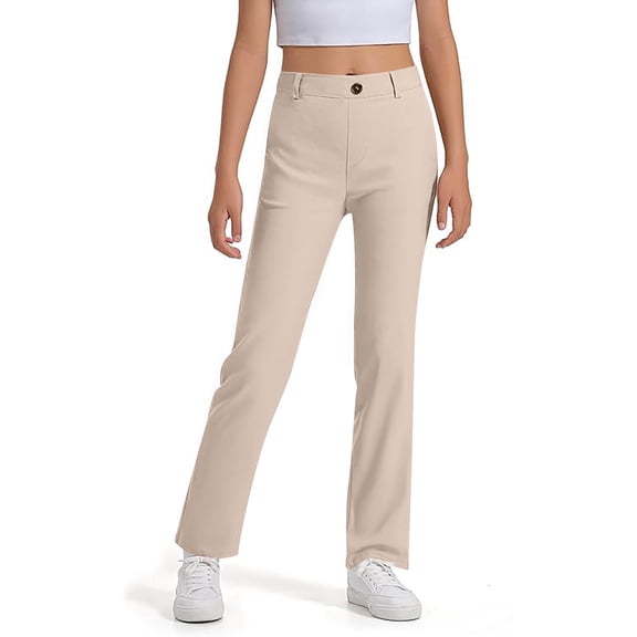 YAYUBA School Pants for Girls Elastic Waist Straight Twill Pants Flat Front Lightweight Stretch Chino Pants Preppy Back To School Clothes for Girls, Beige