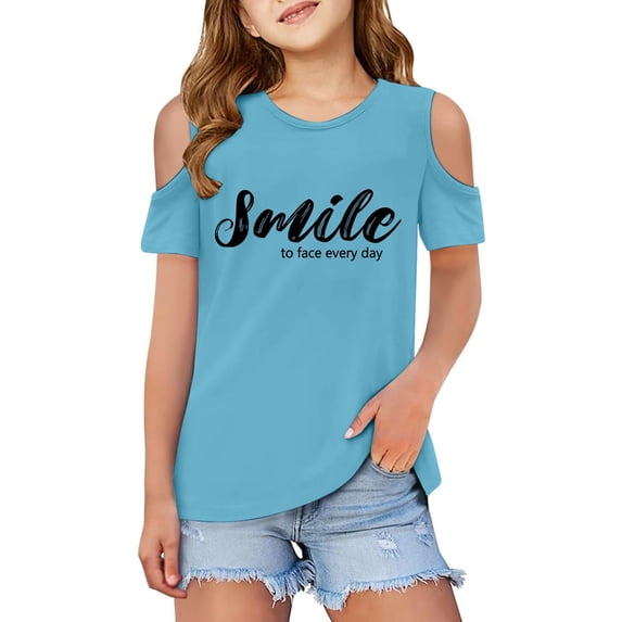 YAYUBA Shirts for Teens Girls Graphic T-Shirts Round Neck Back To School Short Sleeve T Shirt Casual Funny Tees Preppy T-Shirts Infant To Big Kid, 11-12Years, Sky Blue