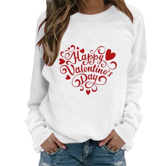 YAYUBA Shirts for Women Valentine's Day Letter Print Hooded Pullover Sweatshirt Round Neck Long Sleeve Funny Pullover Hoodies