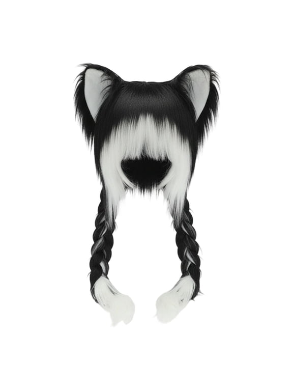 Soft Furry Animal Ear Hat with Braids, Plush Cat Ears Beanie for Anime , , 37cm x 60cm, Multiple Colors