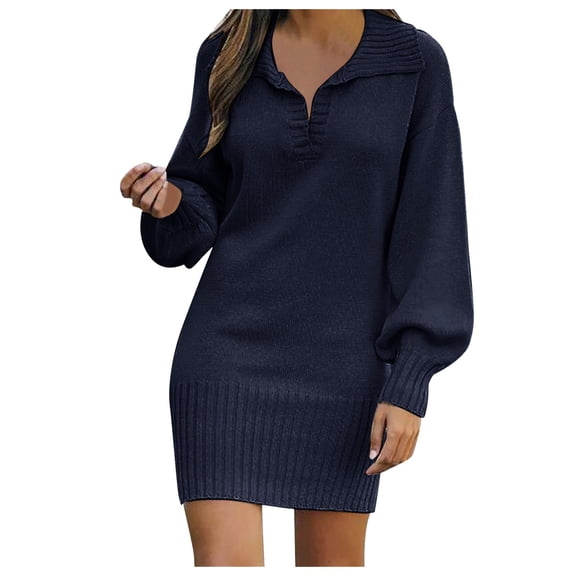 YAYUBA Sweater Dress (Blue,S) ,Women's Fashionable Knitted Wool Sweater Dress Long Sleeve Solid Medium Length Casual Wear