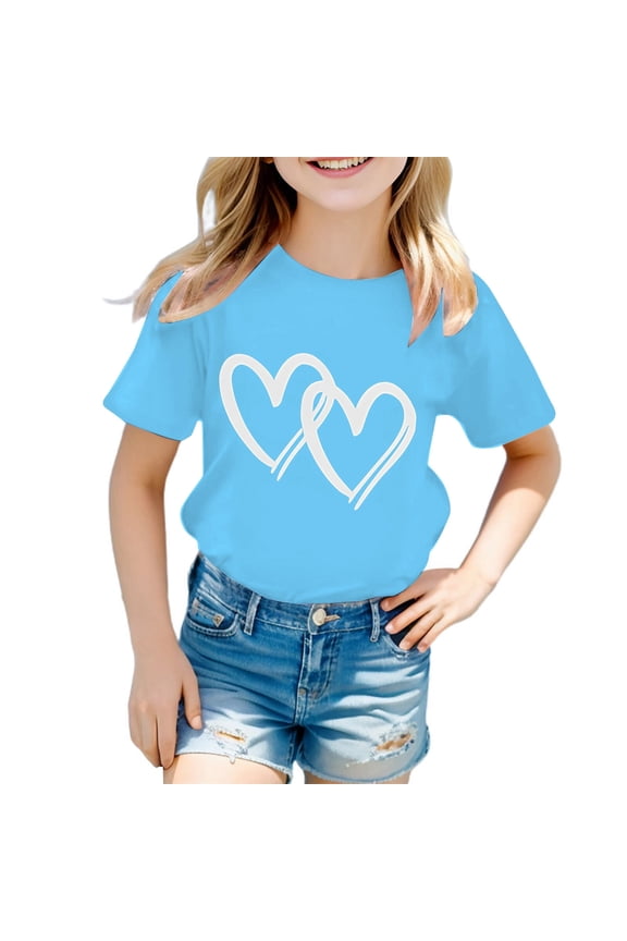 T-Shirts for Girls 9-10 Cartoon Print Round Neck Back To School Shirt Fashion Cool Summer Tops Preppy Tee for Toddler & Kids, 2-3 Years, Sky Blue
