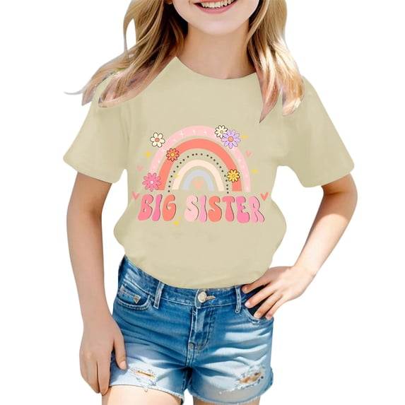 YAYUBA T Shirts for Girls 9-10 Letter Graphic Printed Round Neck Back To School Short Sleeve Tee for Toddler Comfortable Trendy Tops Preppy Girls Summer Tops T-Shirts, 1-2 Years, Beige