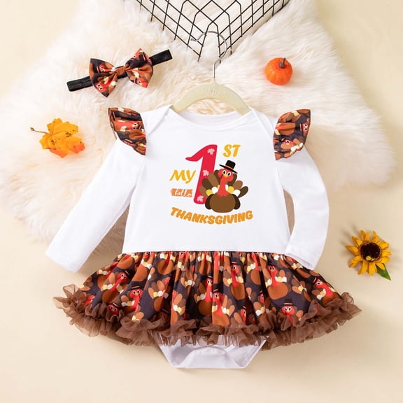 YAYUBA Thanksgiving Baby Girl Outfit Thanksgiving Baby Girls Bodysuit Outfit Long Sleeve Turkey Print Romper With Hair Accessories Cute Toddler Holiday
