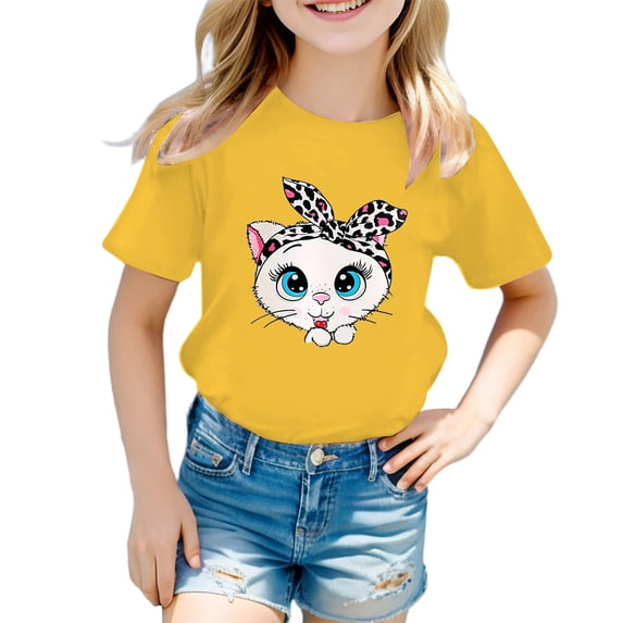 YAYUBA Toddler Shirts Girls 5t Letter Graphic Printed Crewneck Back To School Short Sleeve T Shirts Fashion Trendy Tops Preppy Kids Summer Clothing, 5-6 Years, Yellow
